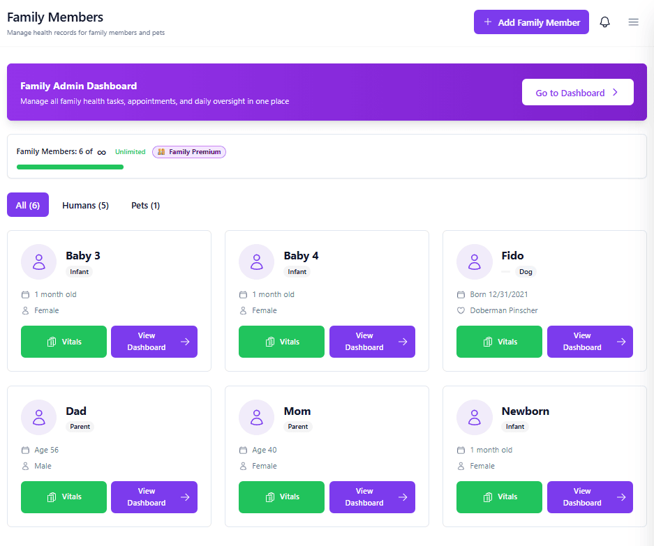 Family Health Dashboard showing all family members with health snapshots, active medications, and vital check times