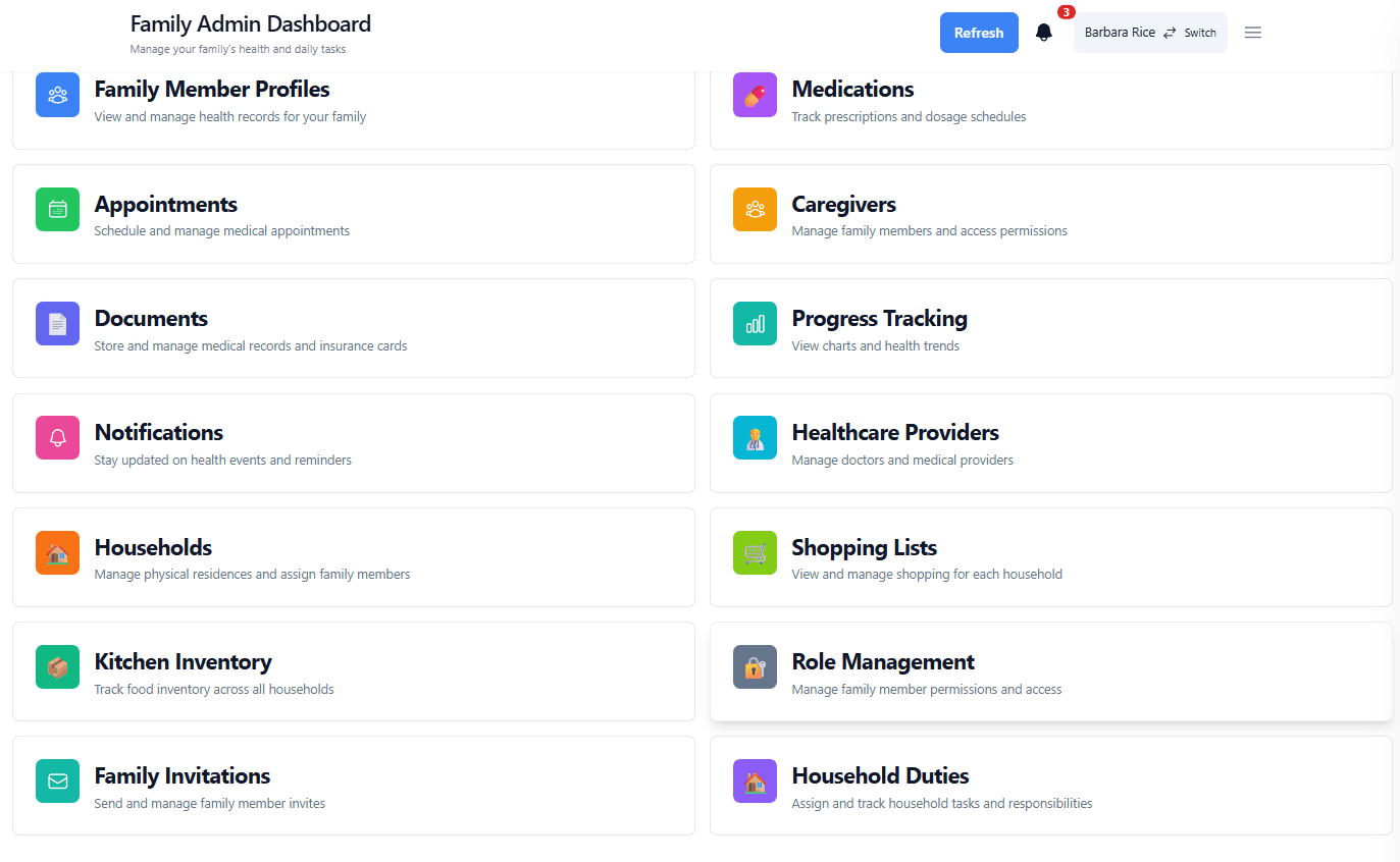 14 family health management tools grid including meals, weight, vitals, and medications