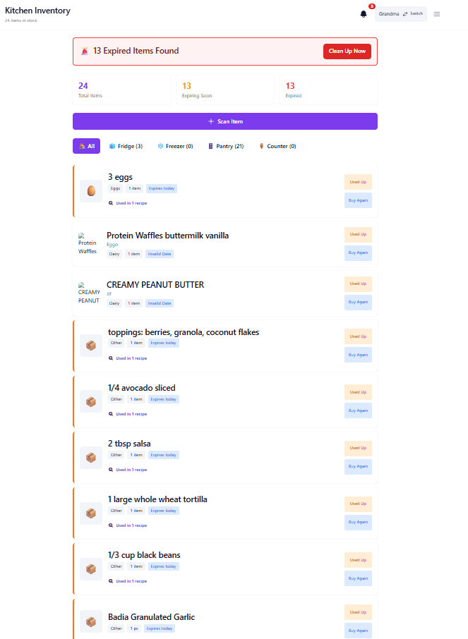 Kitchen Inventory showing 13 Expired Items Found alert with Clean Up Now button. Overview stats: 24 Total Items, 13 Expiring Soon, 13 Expired. Filter tabs for All, Fridge (3), Freezer (0), Pantry (21), Counter (0). Inventory list with expiration tracking and Used Up / Buy Again buttons for each item.