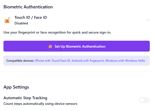 Biometric Authentication section showing Touch ID / Face ID currently Disabled, with Set Up Biometric Authentication button and compatible devices list (iPhone with Touch/Face ID, Android with fingerprint, Windows with Windows Hello)