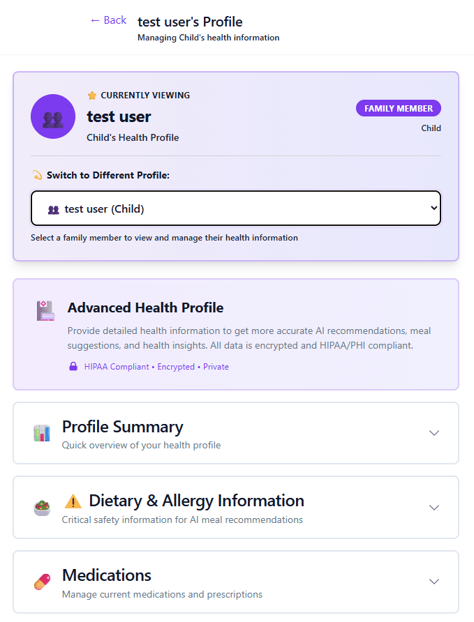 WPL Profile page showing currently viewing test user (Child's Health Profile), family member dropdown selector, Advanced Health Profile section with HIPAA encryption notice, Profile Summary, Dietary & Allergy Information, and Medications sections