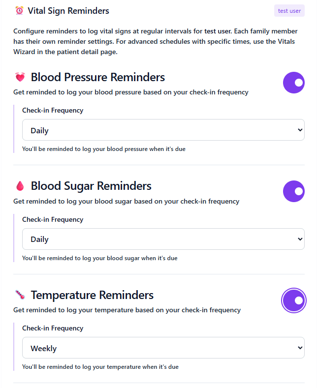 Vital Sign Reminders configuration for test user showing Blood Pressure Reminders (Daily check-in frequency), Blood Sugar Reminders (Daily), and Temperature Reminders (Weekly) with toggle switches